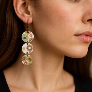 Dangle earrings handmade geometric design 2.5” long white green